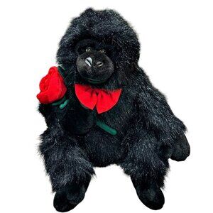 Black Gorilla Valentines Plush Stuffed Animal Monkey Red Rose Hug Luv 15 Inch